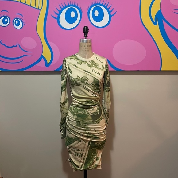 Moschino Couture Stretch Wool Dollar Bill Dress - Picture 1 of 16